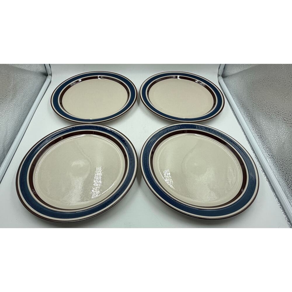 4 Japanese Genuine Stoneware The Market Place 10" Dinner Plates Blue / Brown